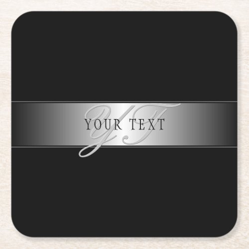 Elegant Editable Monogram Script Writing  Black Square Paper Coaster