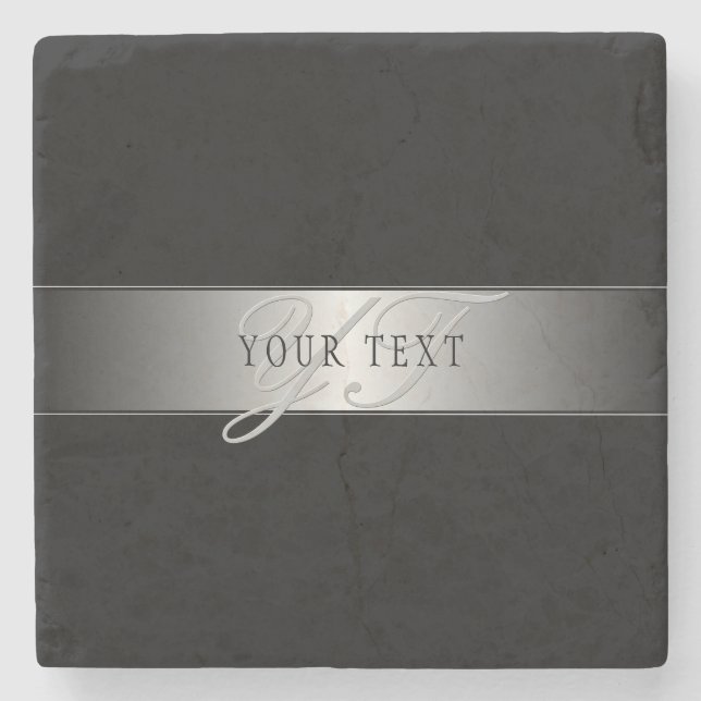 Elegant Editable Monogram Script Writing | Black Stone Coaster (Front)