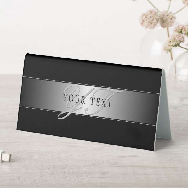 Elegant Editable Monogram Script Writing | Black Table Tent (In SItu (Table))