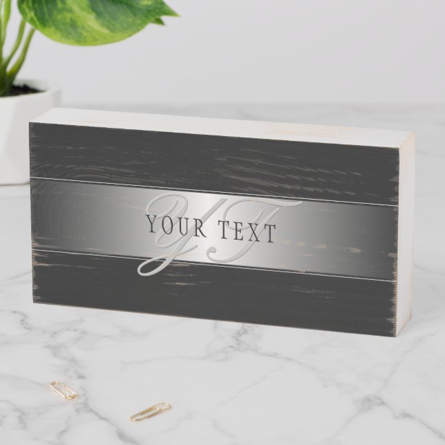 Elegant Editable Monogram Script Writing | Black Wooden Box Sign (In Situ Horizontal)