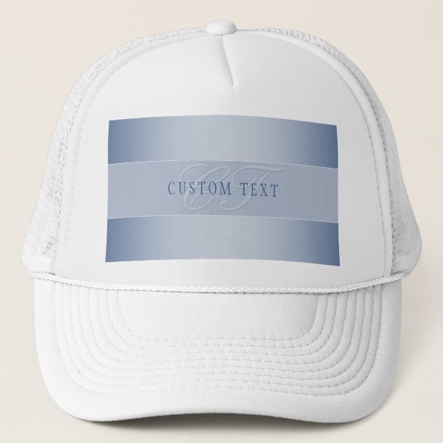 Elegant Editable Monogram Script Writing | Blue Trucker Hat (Front)