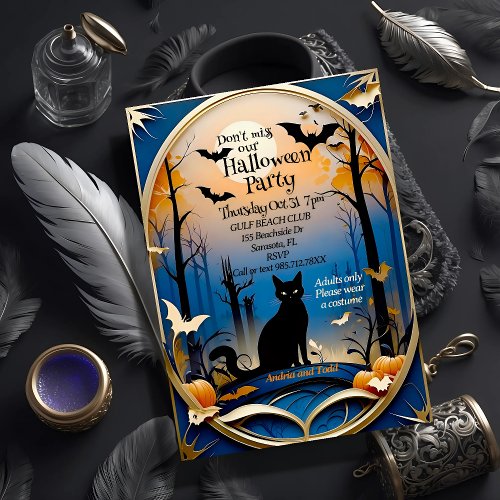 Elegant eerie black cat Halloween Invitation