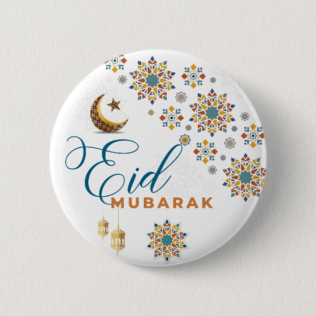 Elegant Eid Mubarak Arabic Calligraphy Moon Stars  Button (Front)