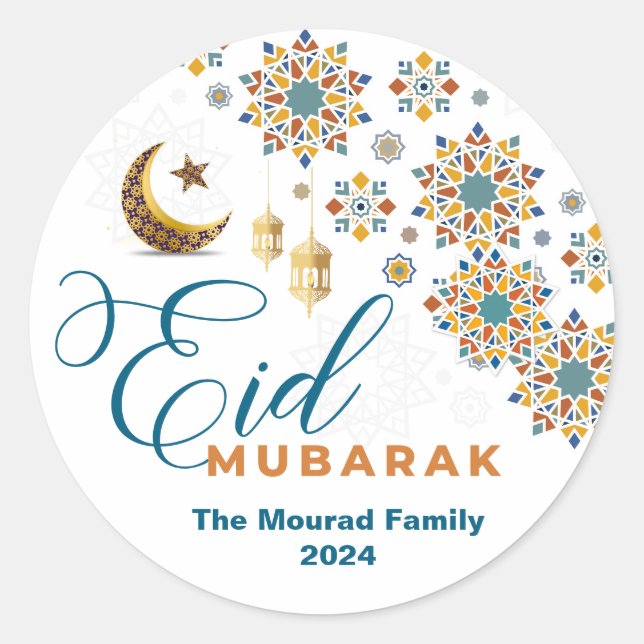 Elegant Eid Mubarak Arabic Calligraphy Moon Stars  Classic Round Sticker (Front)