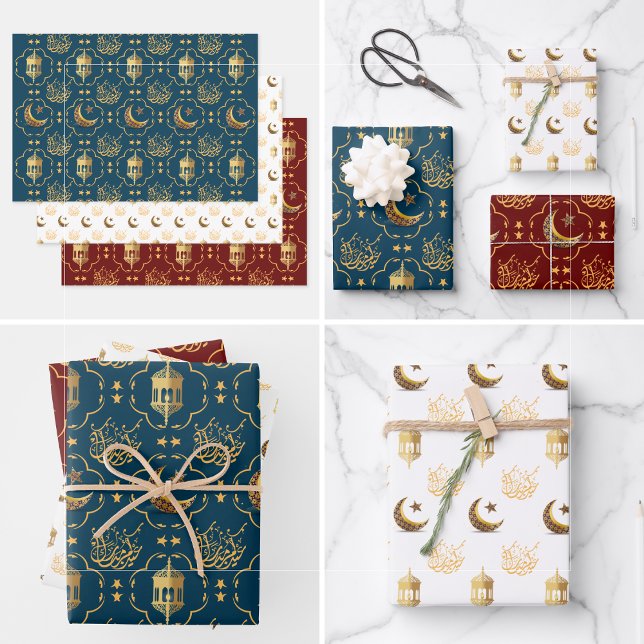 Elegant Eid Mubarak Calligraphy gold  Wrapping Paper Sheets (Eid Mubarak adha islamic arabic joy crescent star gold script typography muslim festival  fitr wrap)
