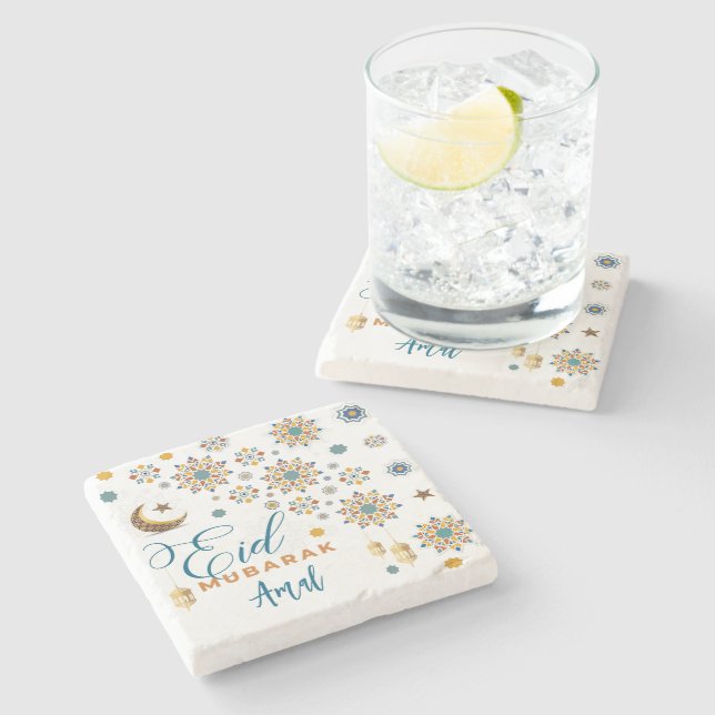 Elegant Eid Mubarak Calligraphy Moon Stars Custom Stone Coaster (Side)