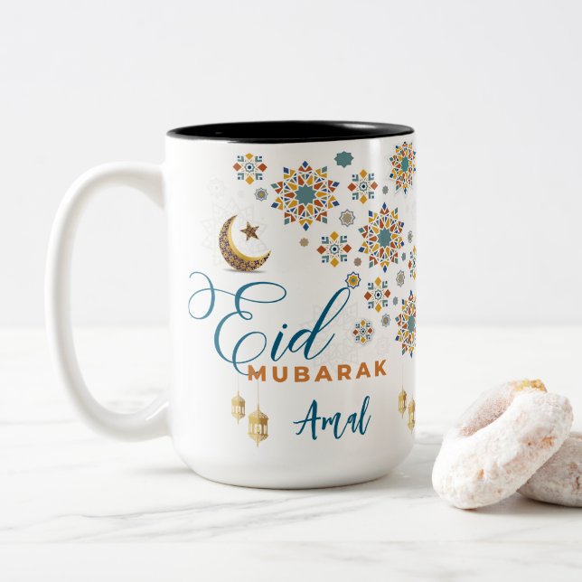 Elegant Eid Mubarak Calligraphy Moon Stars Custom Two-Tone Coffee Mug (With Donut)