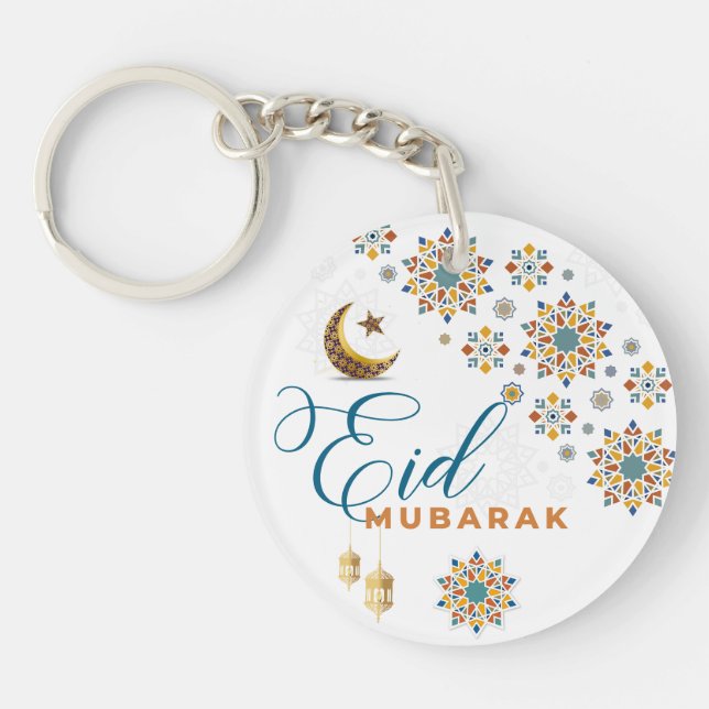 Elegant Eid Mubarak Calligraphy Moon Stars  Keychain (Front)