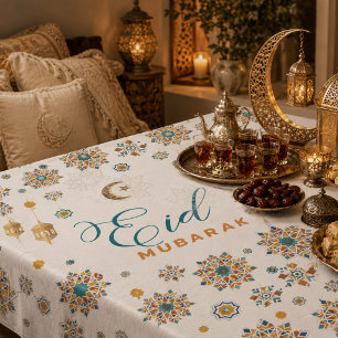 Elegant Eid Mubarak Calligraphy Moon Stars Tablecloth