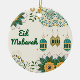 Elegant Eid Mubarak Card with Lanterns and Floral  Ceramic Ornament