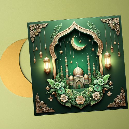 Elegant Eid Mubarak Crescent Mosque Floral Green  Holiday Card