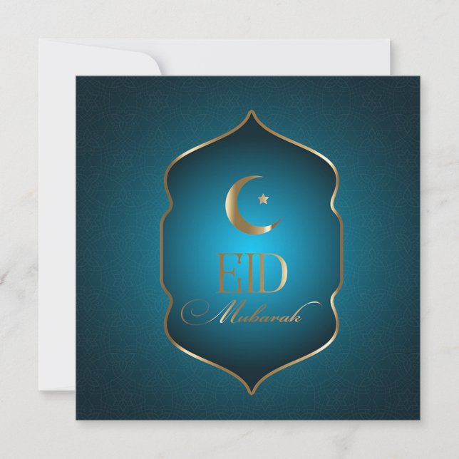 Elegant Eid Mubarak Crescent Star Gold Frame Blue Holiday Card (Front)