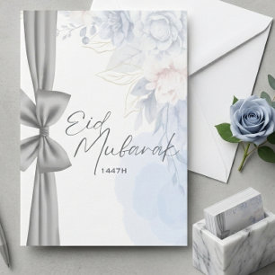Elegant Eid Mubarak Floral Greeting Card Soft Blue