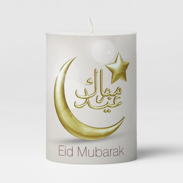 Elegant Eid Mubarak Gold Moon Star - Pillar Candle (Front)