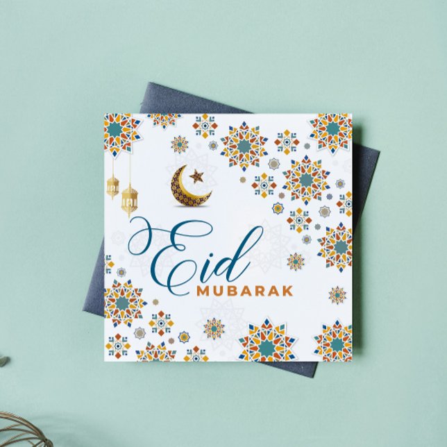 Elegant Eid Mubarak Moon Stars Holiday Card (eid cards happy mubarak eid al adha islam calligraphy ramadan kareem arabic muslim moon white blue)