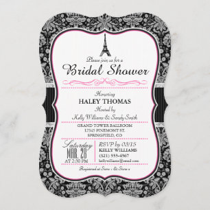 Elegant Eiffel Tower Bridal Shower; Black Damask Invitation