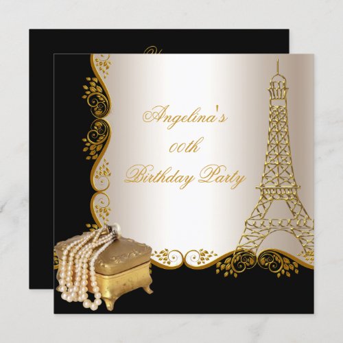 Elegant Eiffel Tower Gold Black Birthday Party Invitation