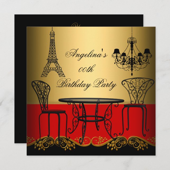 Elegant Eiffel Tower Red Gold Paris Birthday Party Invitation (Front/Back)