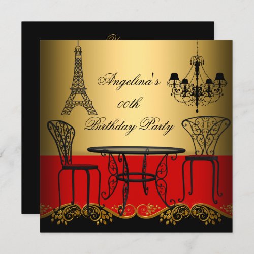 Elegant Eiffel Tower Red Gold Paris Birthday Party Invitation