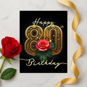 Elegant Eightieth Gold Flourish Pink Rose Birthday Postcard