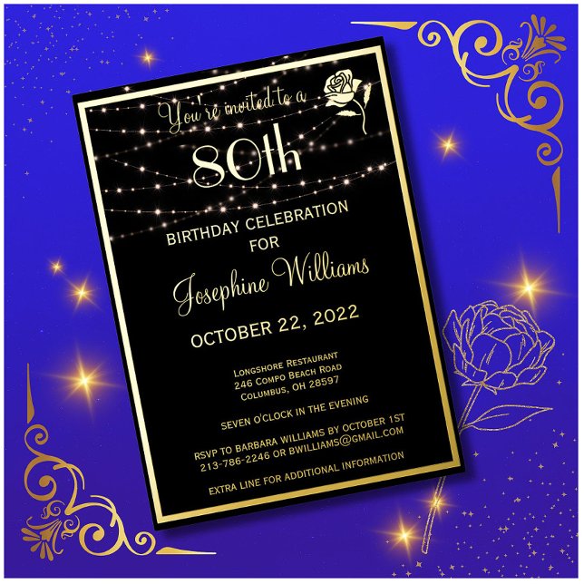 Elegant Eighty 80th Birthday Black REAL Gold    Foil Invitation (Creator Uploaded)