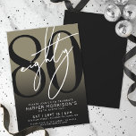 Elegant Eighty Gold 80th Birthday Party Invitation<br><div class="desc">Celebrate eighty years in style with this modern gold to black gradient 80th birthday party invitation. The design features a large black "80" across most of the card, with a handwritten script-style white "Eighty" layered over it for a bold, contemporary look. The party details sit neatly at the bottom in...</div>