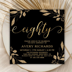 Elegant Eighty Gold Script Black 80th Birthday Invitation