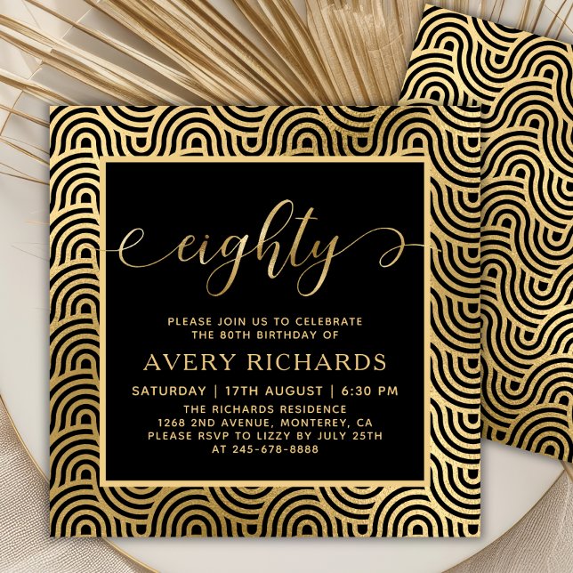 Elegant Eighty Script Black and Gold 80th Birthday Invitation (Creator Uploaded)