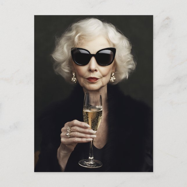 Elegant Elderly Woman with Champagne Postcard (Front)