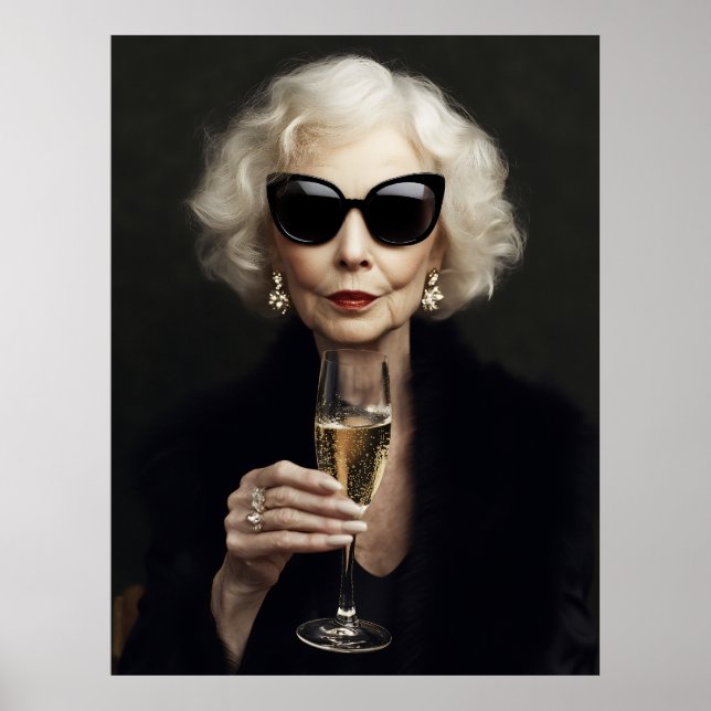 Elegant Elderly Woman with Champagne Poster (Front)
