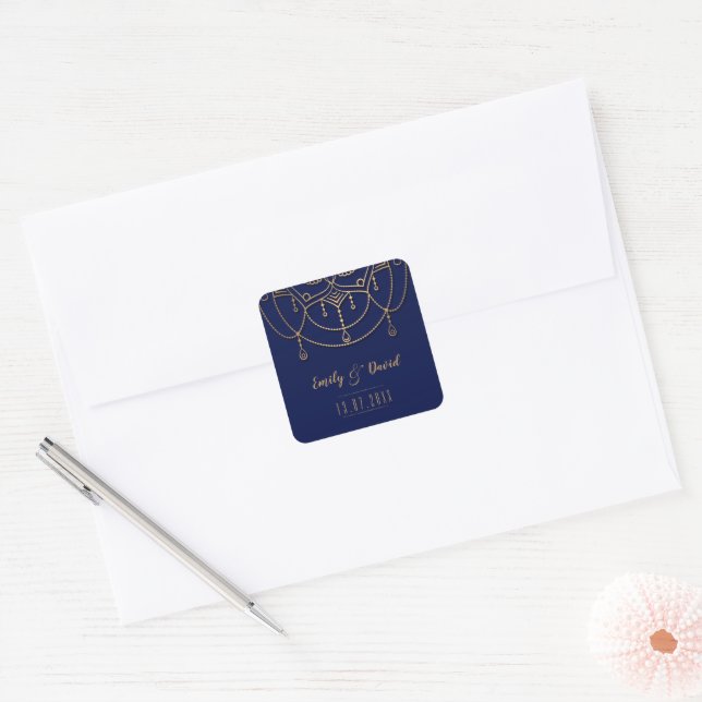 Elegant Electric Blue Gold Design Pattern Wedding Square Sticker (Envelope)