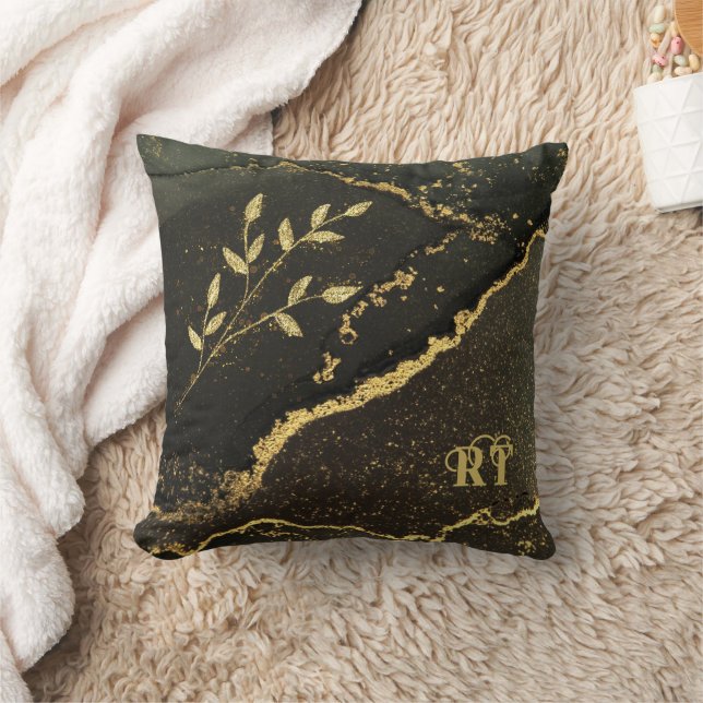 Elegant Elegant Black and Gold Marbled Initials Throw Pillow (Blanket)