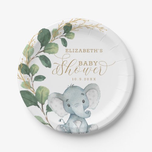 Elegant Elephant Baby Shower Watercolor Greenery Paper Plates