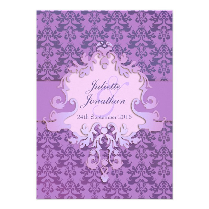 Elegant elephant damask purple wedding invitation