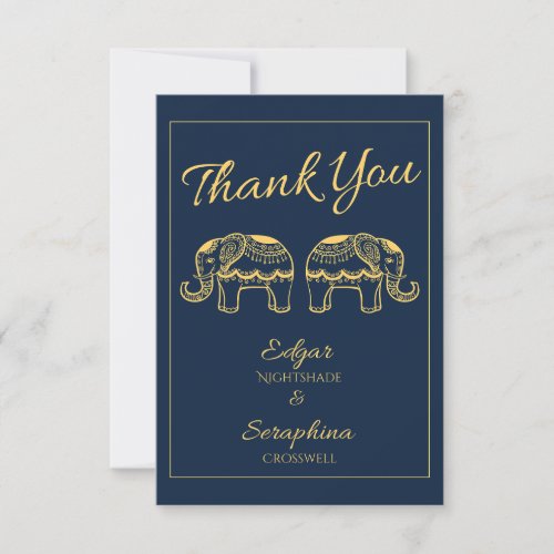 Elegant Elephants Blue and Gold Indian Wedding Thank You Card