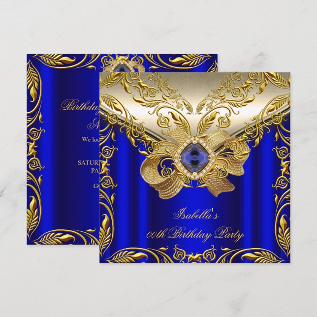Elegant Elite Royal Blue Gold Birthday Party 2 Invitation (Front/Back)