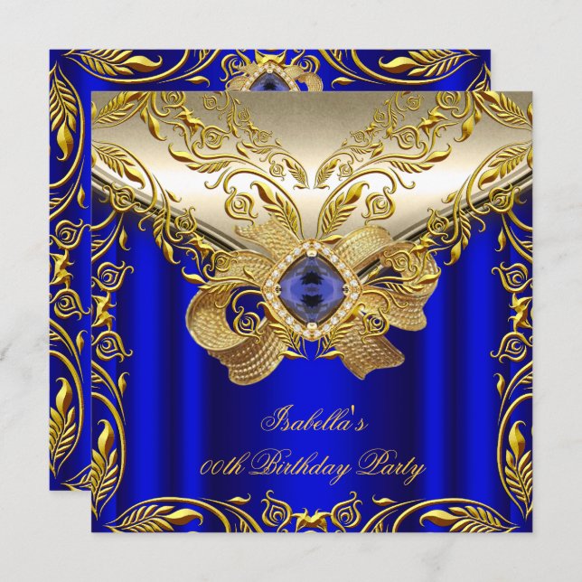 Elegant Elite Royal Blue Gold Birthday Party 2 Invitation (Front/Back)
