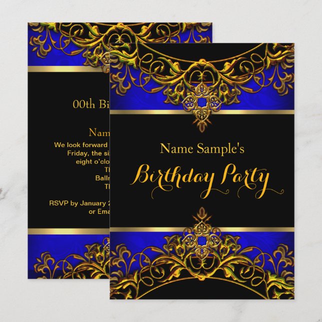 Elegant Elite Royal Blue Gold Black Birthday Invitation (Front/Back)