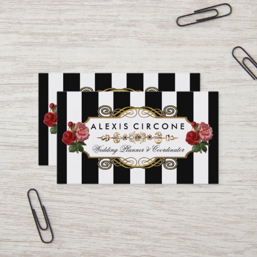 Elegant Elite Stripes Gold Floral Wedding Planner Business Card