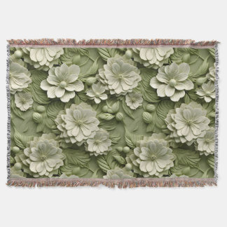 Elegant Embossed 3D Floral Relief Olive Green Throw Blanket