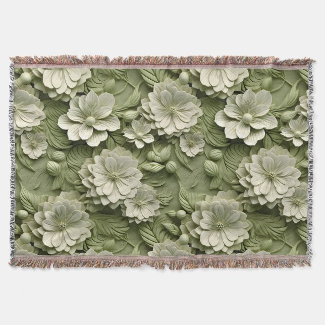 Elegant Embossed 3D Floral Relief Olive Green Throw Blanket (Front)