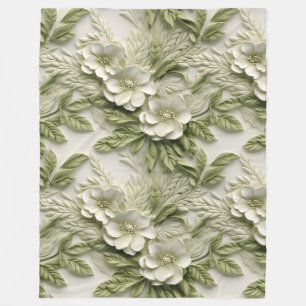 Elegant Embossed 3D Floral Relief Olive & Ivory Fleece Blanket