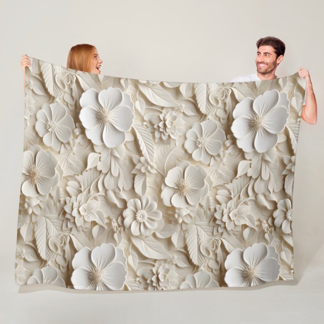 Elegant Embossed 3D Style White Floral Relief Fleece Blanket (In Situ)
