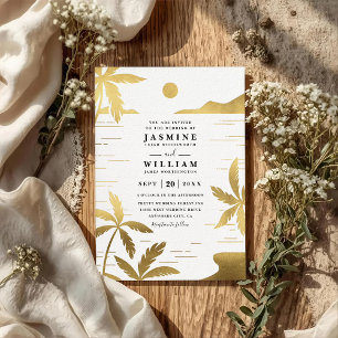 Elegant Embossed Beach Palm QR Code Wedding Invitation