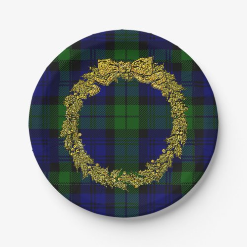 Elegant Embossed Holly Wreath Blackwatch Plaid Paper Plates