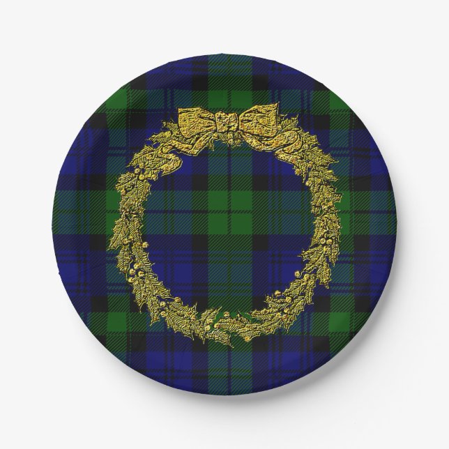 Elegant Embossed Holly Wreath Blackwatch Plaid Paper Plates (Front)