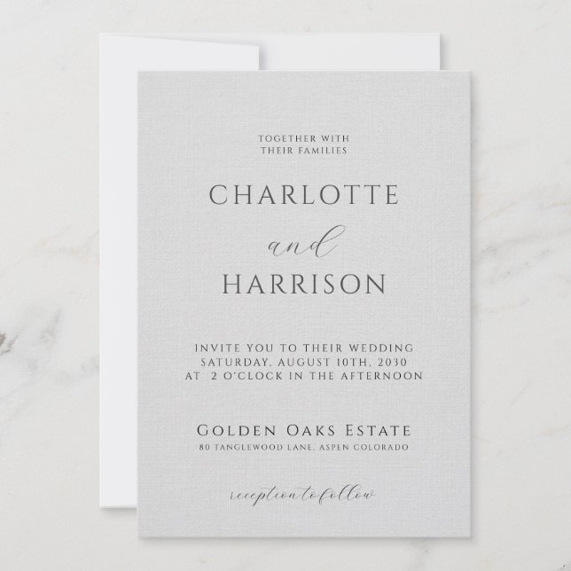 Elegant Embossed Linen Minimalist Gray Wedding Invitation (Front)