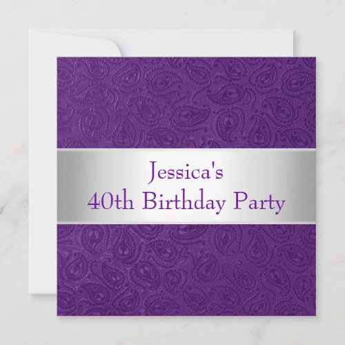 Elegant Embossed Purple Paisley White Party Announcements