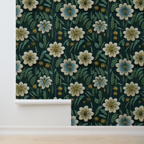 Elegant Embroidered Green Floral Pattern Wallpaper