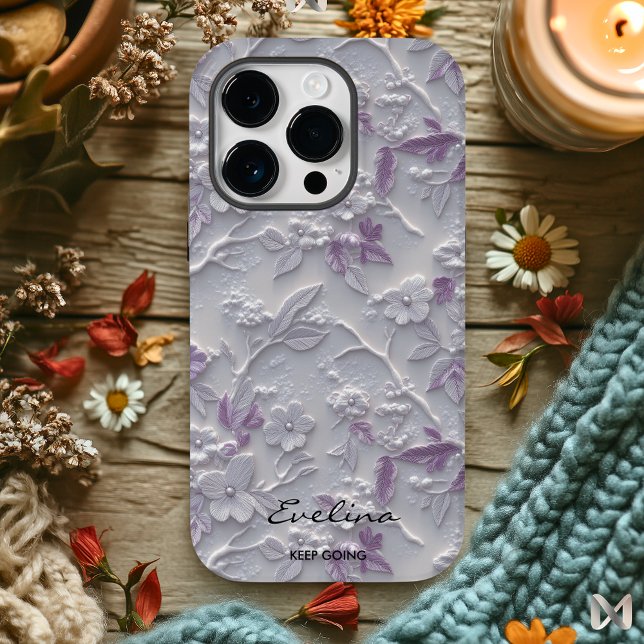 Elegant Embroidered Lavender Floral Pattern Case-Mate iPhone Case (Creator Uploaded)